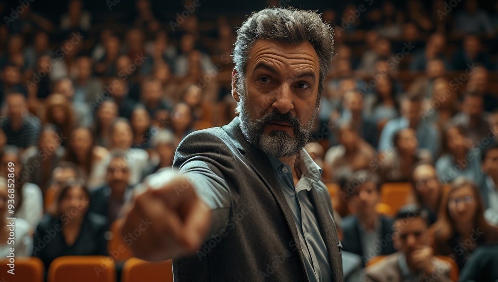 Charismatic presenter passionately addresses a large crowd in an auditorium, creating an inspiring atmosphere. Ideal for leadership and education themes. Charismatic presenter passionately addresses a large crowd in an auditorium, creating an inspiring atmosphere. Ideal for leadership and education themes.