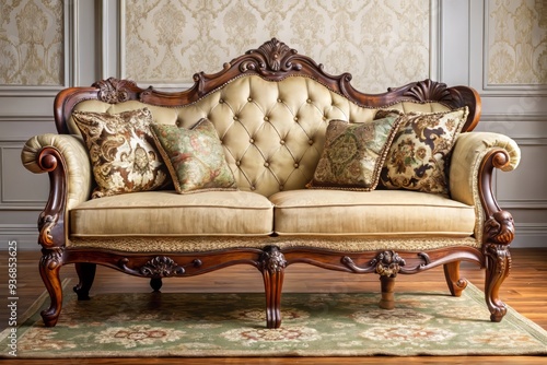 This vintage couch boasts intricate detailing and antique accents, transporting you to a bygone era and imbuing the room with nostalgic warmth and timeless charm.