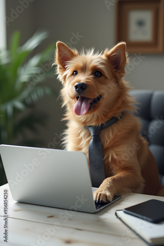 Business-ready dog sitting by a laptop, wearing a tie, looking serious and focused. Suitable for themes related to business, pets, technology, and professional settings.
