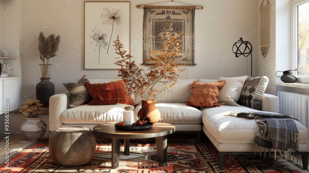 Fototapeta premium Bohemian-Inspired Living Room Retreat with Modern Decor 