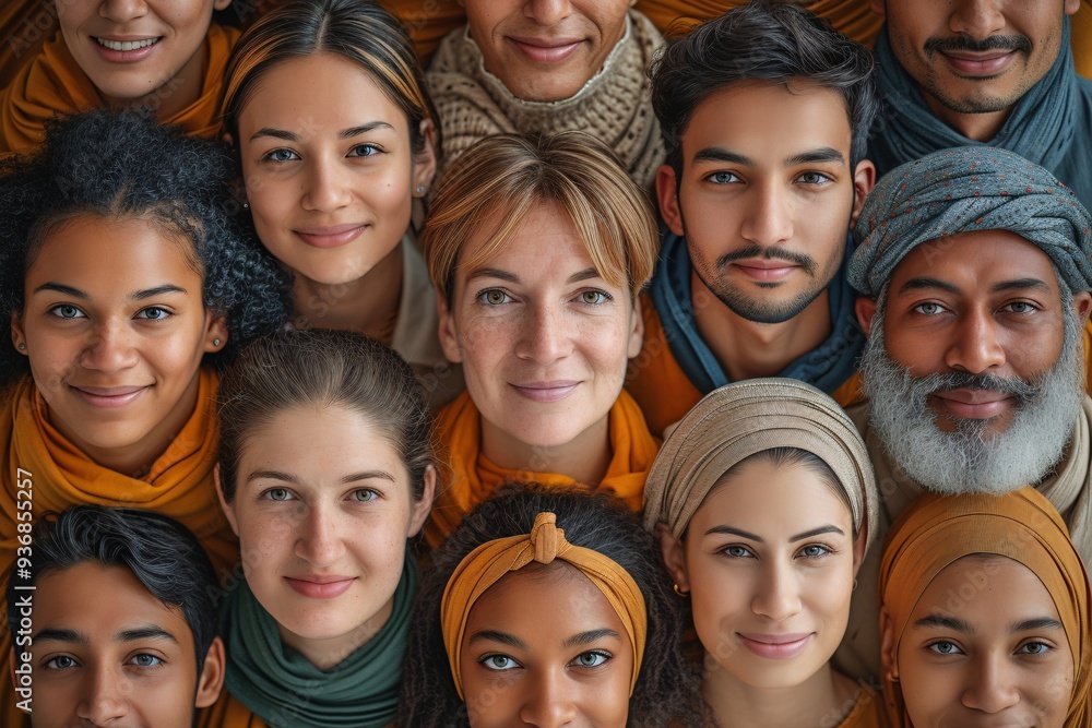 A vibrant group portrait showcasing diverse individuals with warm expressions, wrapped in elegant scarves and clothing, symbolizing cultural harmony. A vibrant group portrait showcasing diverse individuals with warm expressions, wrapped in elegant scarves and clothing, symbolizing cultural harmony.
