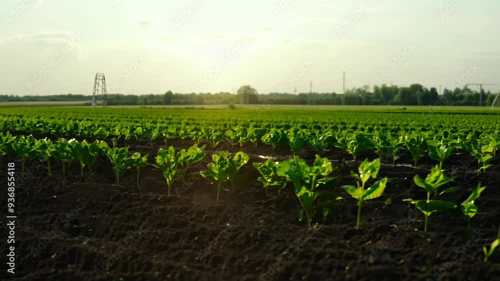 Emerging young plants thrive under the sunlight in a vast green field during early morning Emerging young plants thrive under the sunlight in a vast green field during early morning