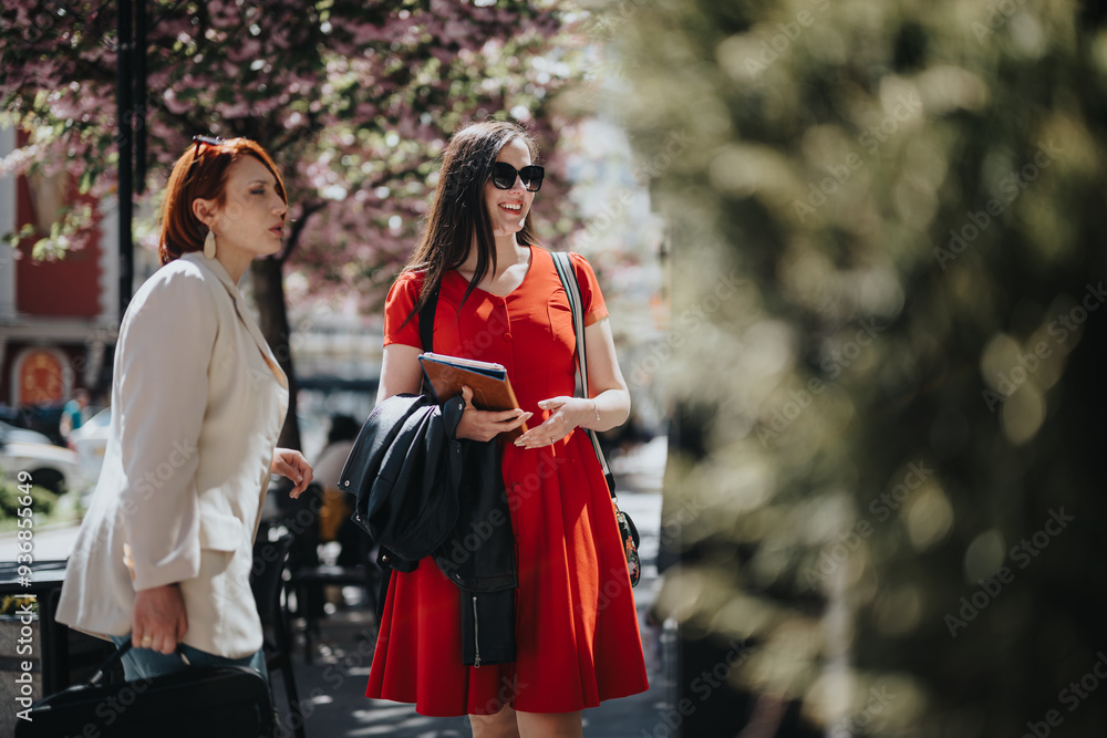 Obraz premium Two professional businesswomen engaged in a discussion outdoors with blooming trees in the background.