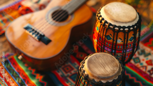 Musical Instruments: A close-up of traditional Hispanic instruments like the guitar and bongo drums, Hispanic Heritage Month, with copy space photo