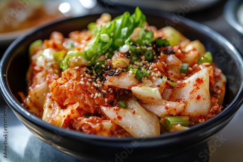 Kimchi, A traditional fermented vegetable dish, typically made with napa cabbage and Korean radishes, seasoned with chili powder, garlic, ginger, and salted seafood.