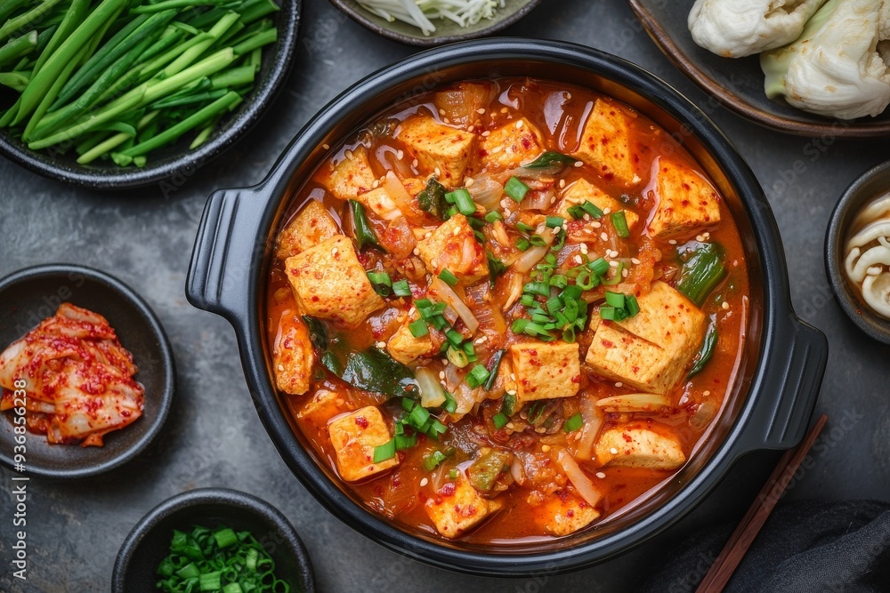 Kimchi Jjigae, A stew made with kimchi, tofu, pork, and various vegetables, often seasoned with gochujang or doenjang (fermented soybean paste). Kimchi Jjigae, A stew made with kimchi, tofu, pork, and various vegetables, often seasoned with gochujang or doenjang (fermented soybean paste).