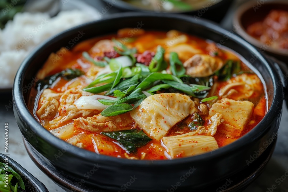 Kimchi Jjigae, A stew made with kimchi, tofu, pork, and various vegetables, often seasoned with gochujang or doenjang (fermented soybean paste). Kimchi Jjigae, A stew made with kimchi, tofu, pork, and various vegetables, often seasoned with gochujang or doenjang (fermented soybean paste).