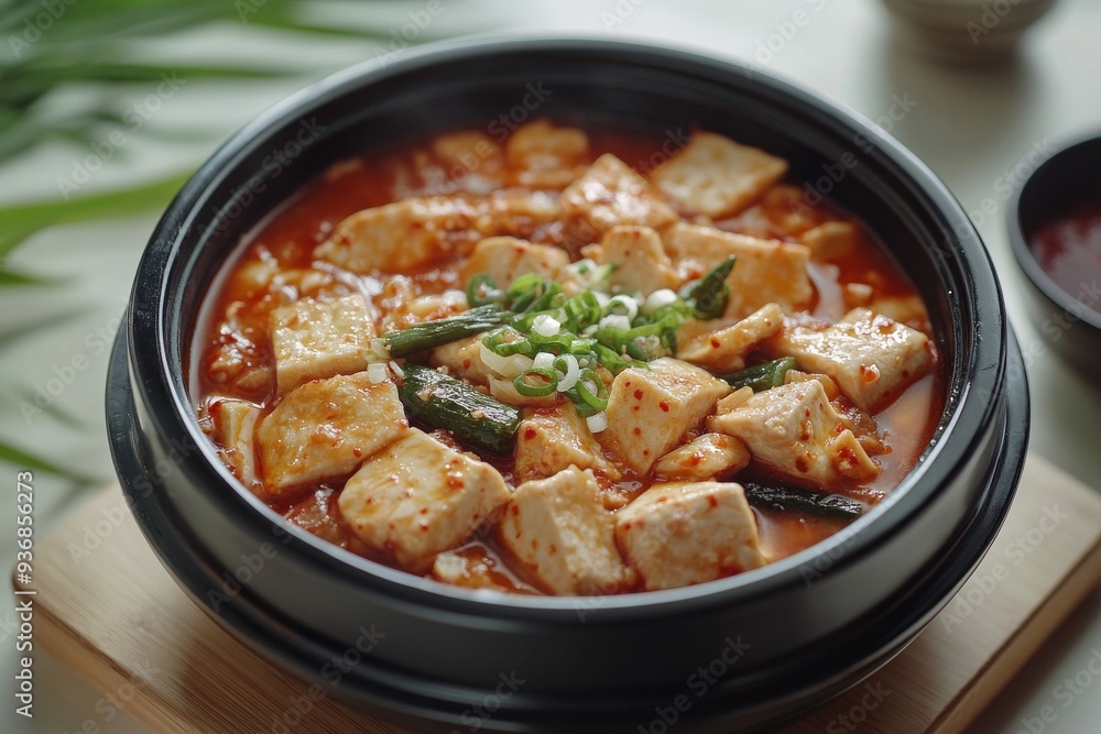 Kimchi Jjigae, A stew made with kimchi, tofu, pork, and various vegetables, often seasoned with gochujang or doenjang (fermented soybean paste). Kimchi Jjigae, A stew made with kimchi, tofu, pork, and various vegetables, often seasoned with gochujang or doenjang (fermented soybean paste).