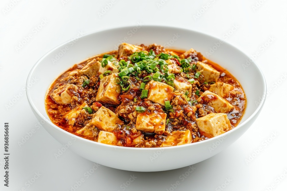 Mapo Tofu , A Sichuan dish made with tofu set in a spicy chili and bean paste sauce, typically containing minced meat. Isolated on White Background Mapo Tofu , A Sichuan dish made with tofu set in a spicy chili and bean paste sauce, typically containing minced meat. Isolated on White Background