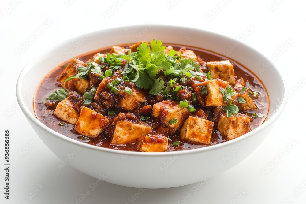 Mapo Tofu, A Sichuan dish made with tofu set in a spicy chili and bean paste sauce, typically containing minced meat. isolated on white background Mapo Tofu, A Sichuan dish made with tofu set in a spicy chili and bean paste sauce, typically containing minced meat. isolated on white background