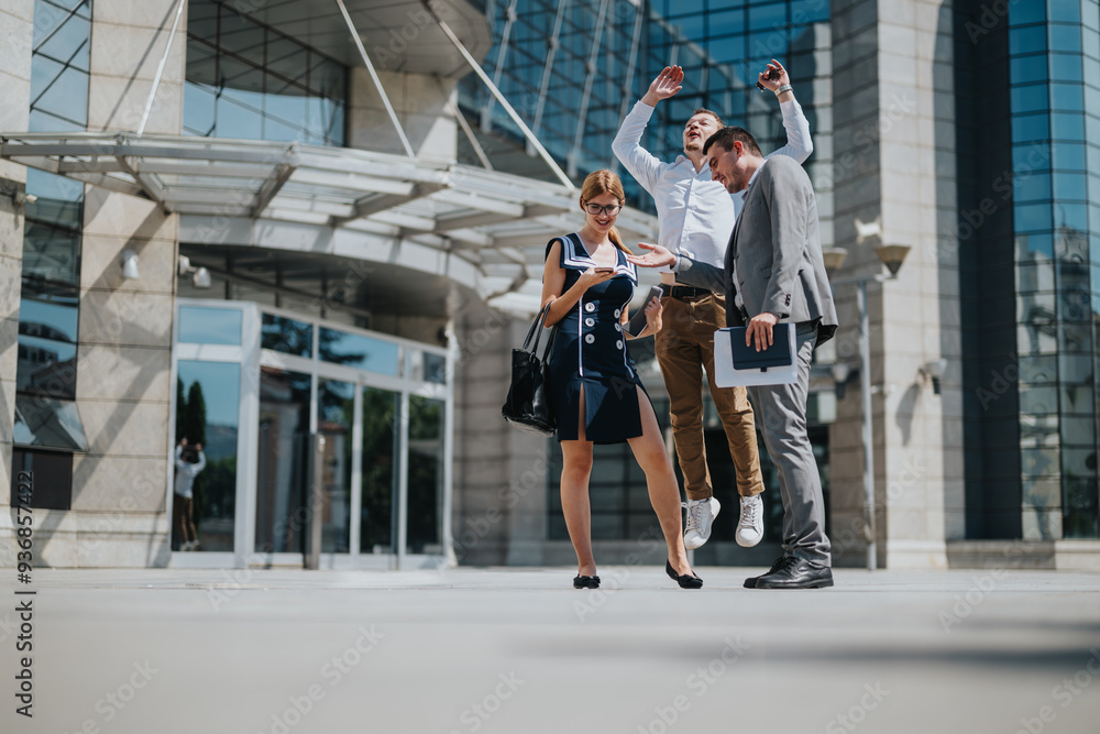 Obraz premium A joyful business team celebrating success outside a modern office building, representing teamwork, achievement, and professional excitement on a sunny day in the city.