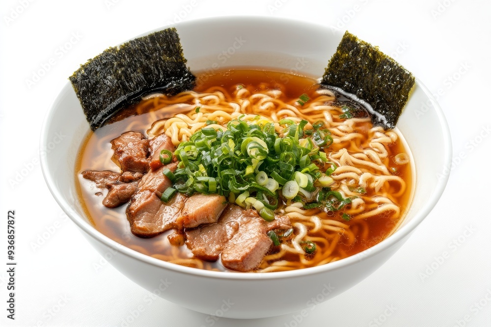 Ramen , A noodle soup dish with Chinese-style wheat noodles served in a meat or fish-based broth, Isolated on White Background Ramen , A noodle soup dish with Chinese-style wheat noodles served in a meat or fish-based broth, Isolated on White Background