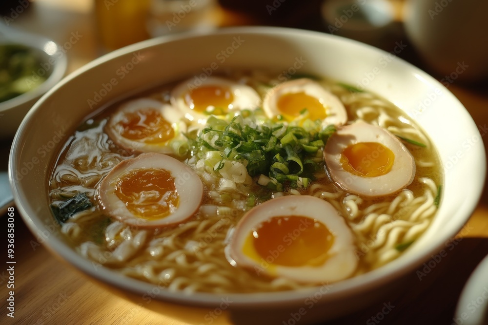 Ramen, A noodle soup dish with Chinese-style wheat noodles served in a meat or fish-based broth, often flavored with soy sauce or miso, and uses toppings such as sliced pork, nori, and scallions. Ramen, A noodle soup dish with Chinese-style wheat noodles served in a meat or fish-based broth, often flavored with soy sauce or miso, and uses toppings such as sliced pork, nori, and scallions.