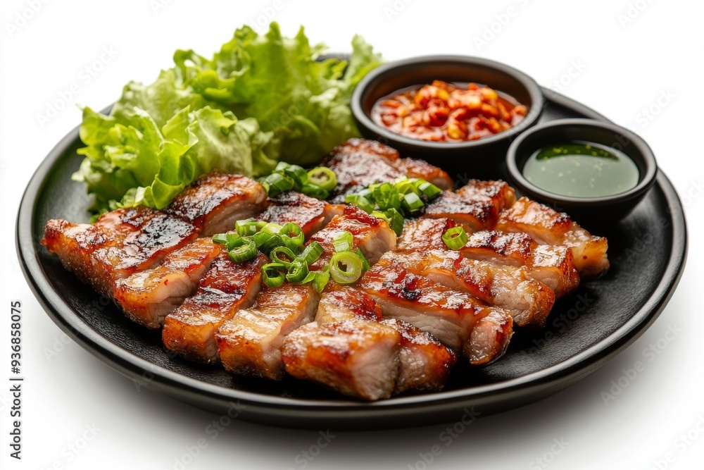 Samgyeopsal, Grilled pork belly, typically eaten with ssam (lettuce wraps) and a variety of condiments such as garlic, green peppers, and dipping sauces. isolated on white background Samgyeopsal, Grilled pork belly, typically eaten with ssam (lettuce wraps) and a variety of condiments such as garlic, green peppers, and dipping sauces. isolated on white background