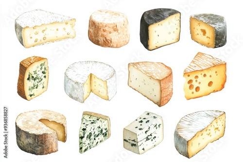 Watercolor Illustration of Various Cheeses Brie Camembert Blue Cheese Cheddar