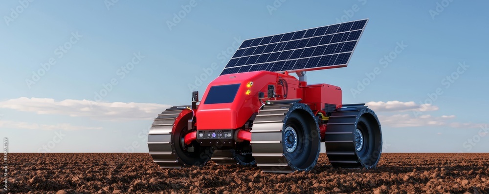 Fototapeta premium Futuristic red solar powered vehicle traversing across barren land, showcasing innovation in agriculture and technology
