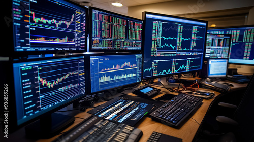 Multiple screens display real-time stock market data, graphs, and charts, creating a focused environment for financial analysis and trading. The setup reflects high-tech finance operations.






 photo