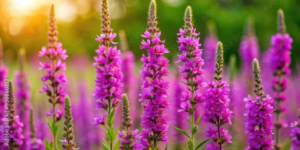 Naklejka premium Vibrant purple flowers of Lythrum salicaria, also known as purple loosestrife, bloom against a soft, blurred summer background, creating a stunning and serene floral landscape.