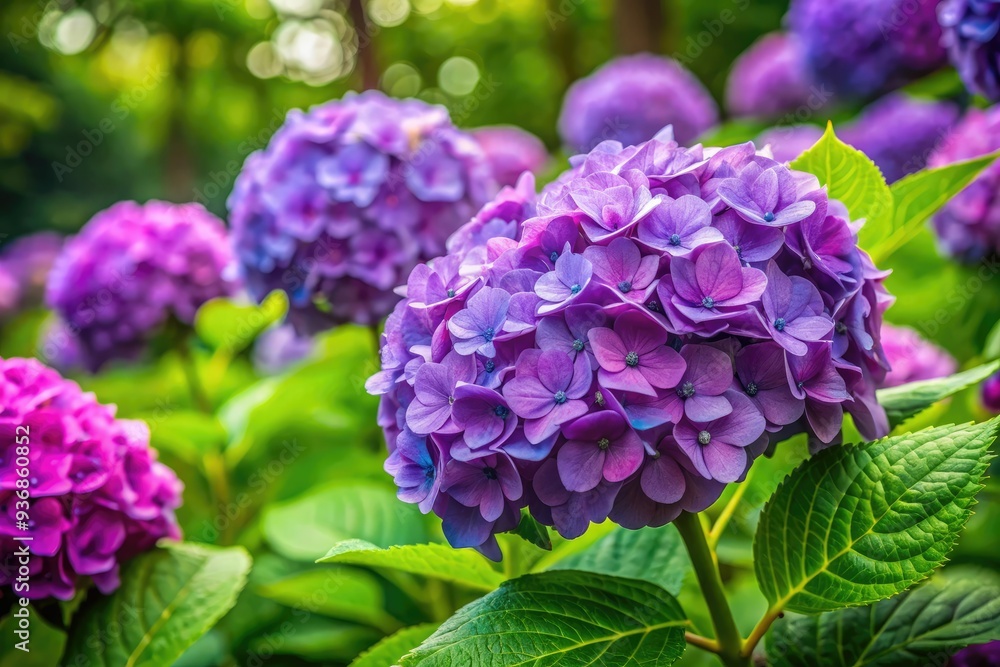 Vibrant purple hydrangea flowers in full bloom, delicate petals and lush green leaves contrast against a soft, serene background in a late June morning scene. Vibrant purple hydrangea flowers in full bloom, delicate petals and lush green leaves contrast against a soft, serene background in a late June morning scene.