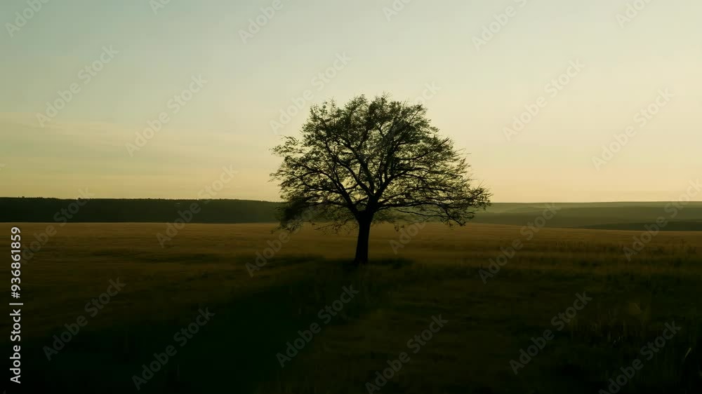 Lonely tree standing in an open field at sunset against a golden sky Lonely tree standing in an open field at sunset against a golden sky