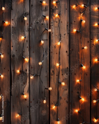 Beautifully lit string lights adorn an aged wooden wall, creating a cozy atmosphere perfect for seasonal celebrations and gatherings.