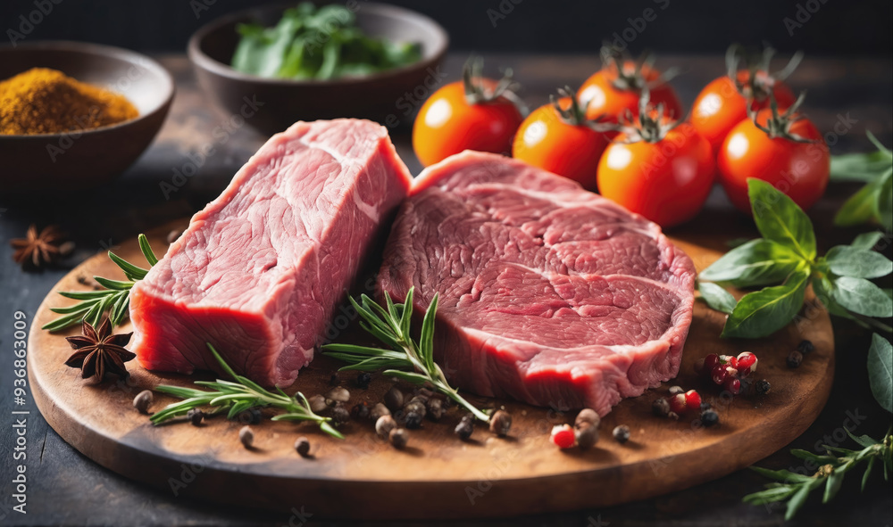 Two raw steaks sit on a wooden cutting board with rosemary, peppercorns, and tomatoes Two raw steaks sit on a wooden cutting board with rosemary, peppercorns, and tomatoes