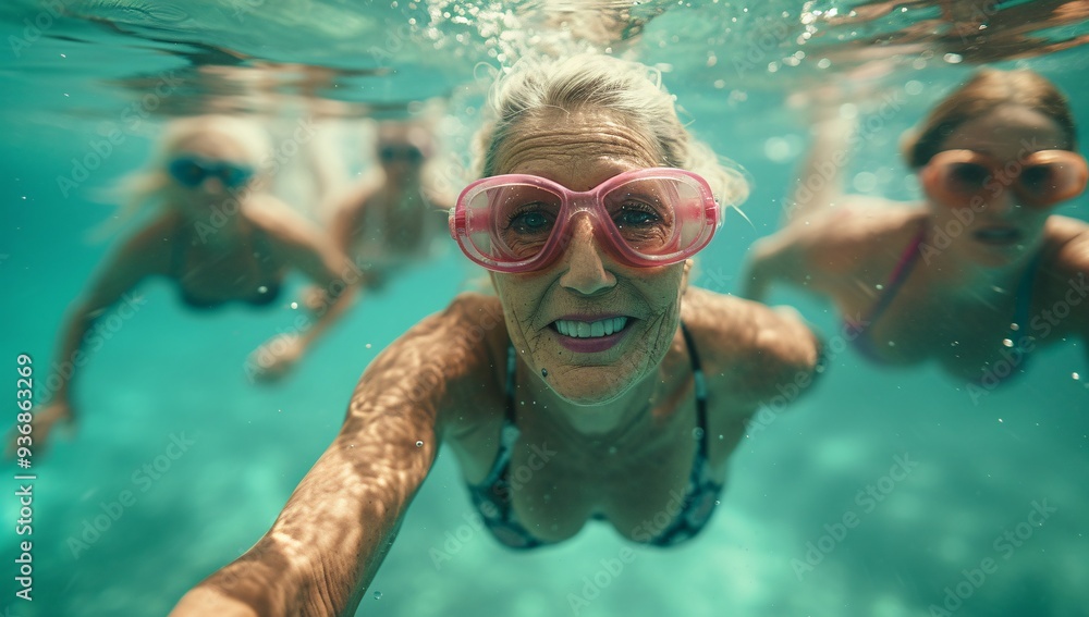 Naklejka premium An elderly woman with vibrant pink goggles smiles underwater, surrounded by friends. A vivid underwater scene capturing the joy of summer leisure and friendship.