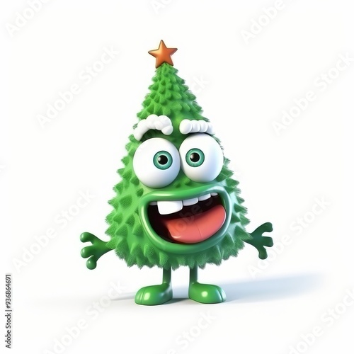 Festive Cartoon Christmas Tree Illustration with Funny Expression and Star Topper