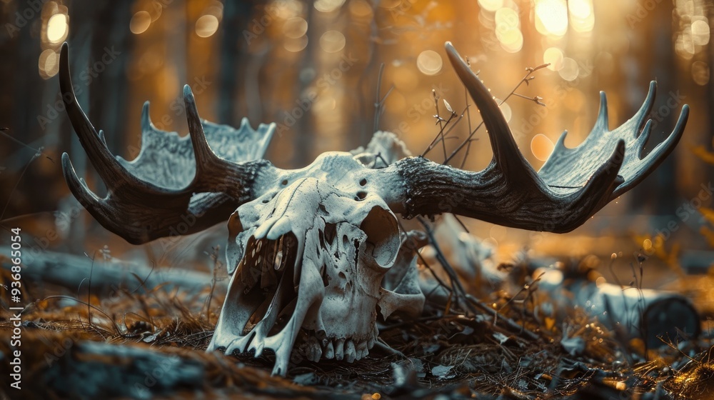 Fototapeta premium Prehistoric Moose Skull Lying on Woodland Ground