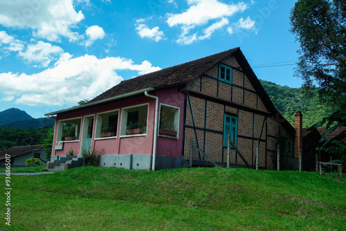 Pomerode, SC, Brazil - 01.22.2024: Half-timbered house of german immigrants in the countryside of city