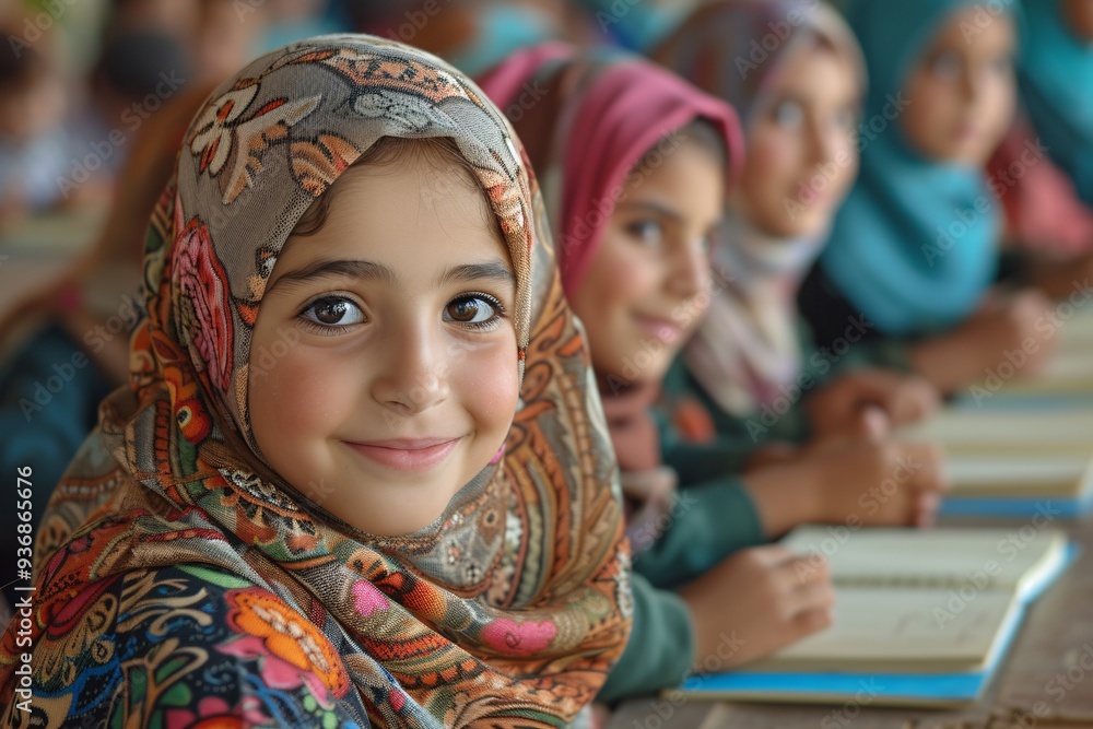 A joyful young girl in a vibrant hijab smiles at the camera in a classroom filled with other students, showcasing cultural diversity and the importance of education. A joyful young girl in a vibrant hijab smiles at the camera in a classroom filled with other students, showcasing cultural diversity and the importance of education.