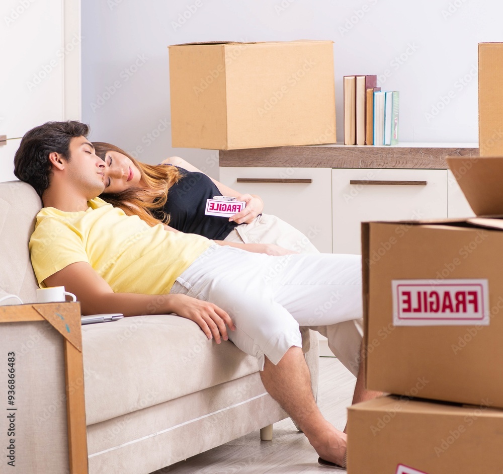 Young couple moving to new flat with fragile things Young couple moving to new flat with fragile things