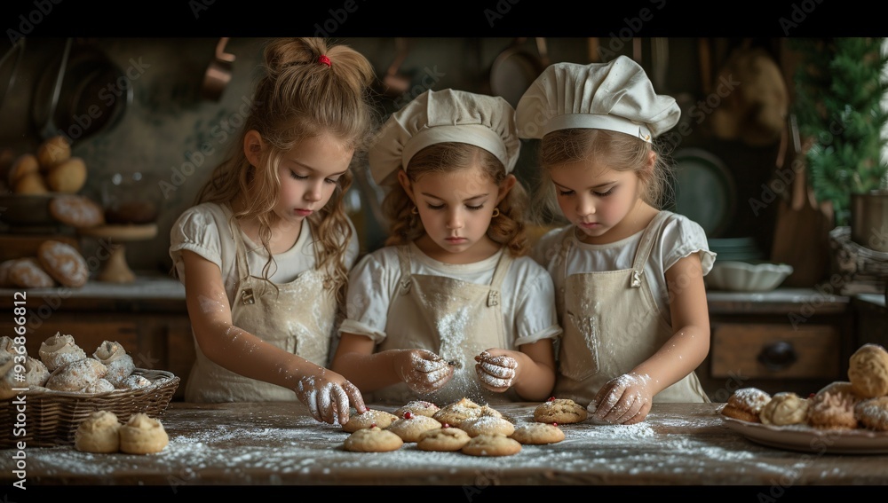 Three girls joyfully baking cookies in a cozy kitchen, celebrating tradition and creativity through their shared baking experience. Three girls joyfully baking cookies in a cozy kitchen, celebrating tradition and creativity through their shared baking experience.