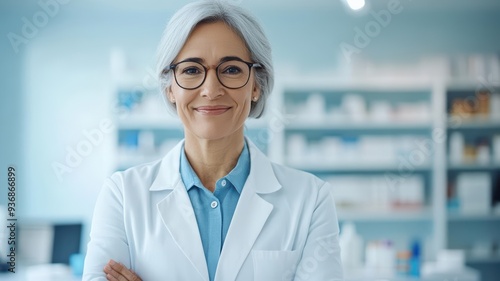 Smiling female doctor in a white coat, exuding confidence and professionalism in a pharmacy setting.