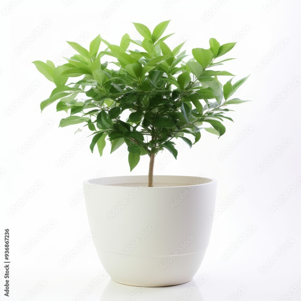 Potted Plant with Green Leaves in White Pot on White Background - Perfect for Home and Office Decor