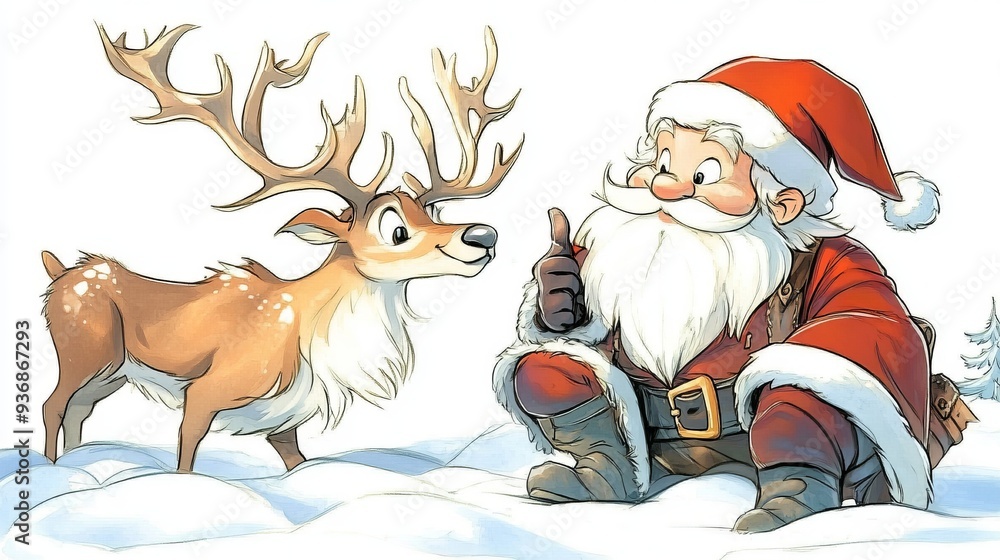 A cheerful Santa Claus and his reindeer friend, drawn in a whimsical, cartoon style A cheerful Santa Claus and his reindeer friend, drawn in a whimsical, cartoon style
