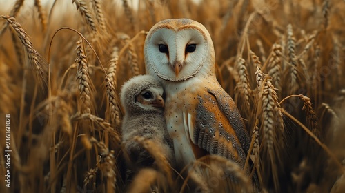 Endearing Owl Family in a Field of Wheat photo