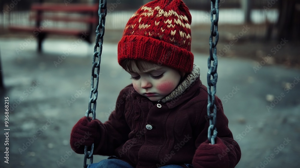 A pensive child swings alone in a playground, wearing a cozy red hat and a warm sweater, evoking a sense of nostalgia. A pensive child swings alone in a playground, wearing a cozy red hat and a warm sweater, evoking a sense of nostalgia.