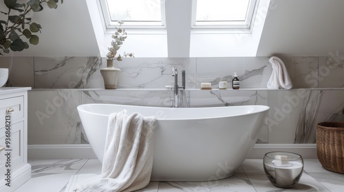  Modern Luxe Bathroom with Marble Panels and Sleek Bathtub