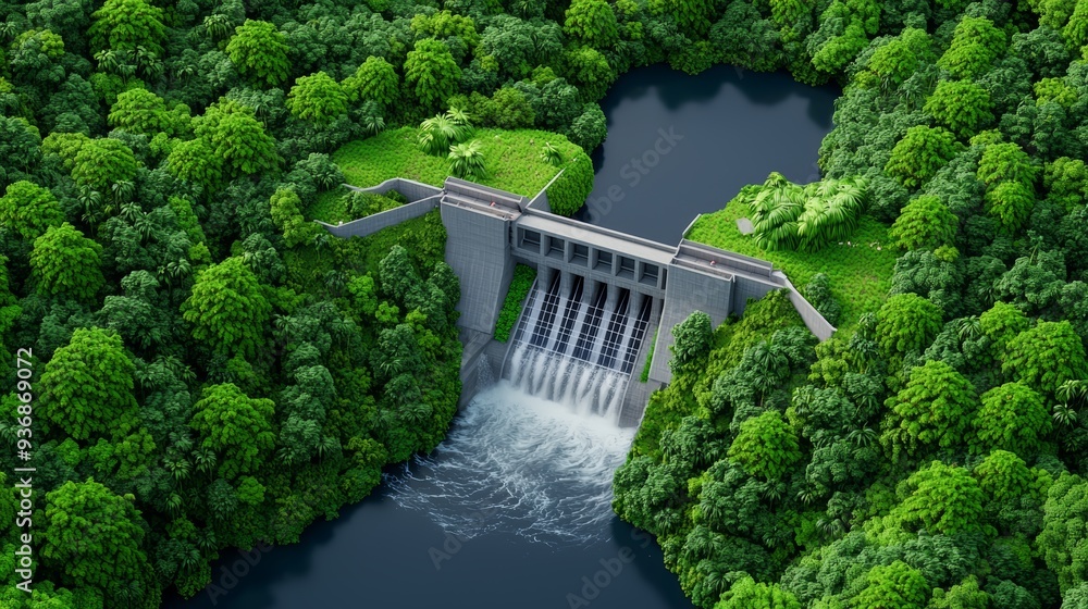 Aerial view of a modern dam surrounded by lush greenery and flowing river, showcasing renewable energy and nature Aerial view of a modern dam surrounded by lush greenery and flowing river, showcasing renewable energy and nature