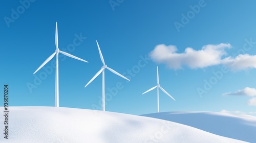 Wind turbines on snowy hill under a clear blue sky, representing renewable energy and sustainability