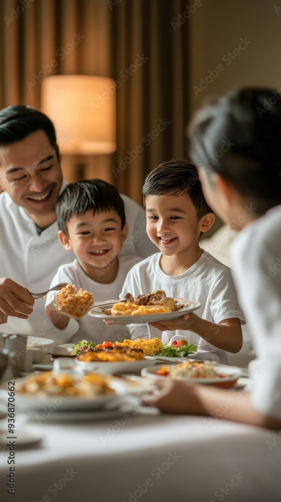 A family shares laughter and a delicious room service breakfast, creating joyful memories in their cozy hotel room