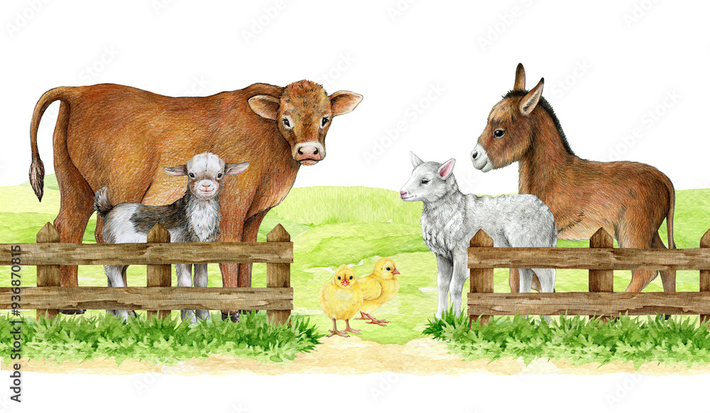 Farm animals on a green field protected by wooden fence. Vintage style ...