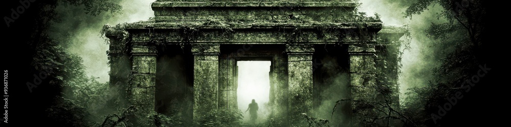 Fototapeta premium Mysterious Ancient Stone Temple Entrance with Green Fog and Silhouette of a Person Evoking a Dark and Mystical Atmosphere