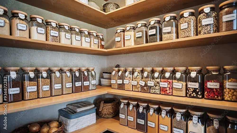 Engaging video of a well-organized pantry with neatly labeled jars of grains, spices, and snacks, arranged on clean, wooden shelves Engaging video of a well-organized pantry with neatly labeled jars of grains, spices, and snacks, arranged on clean, wooden shelves