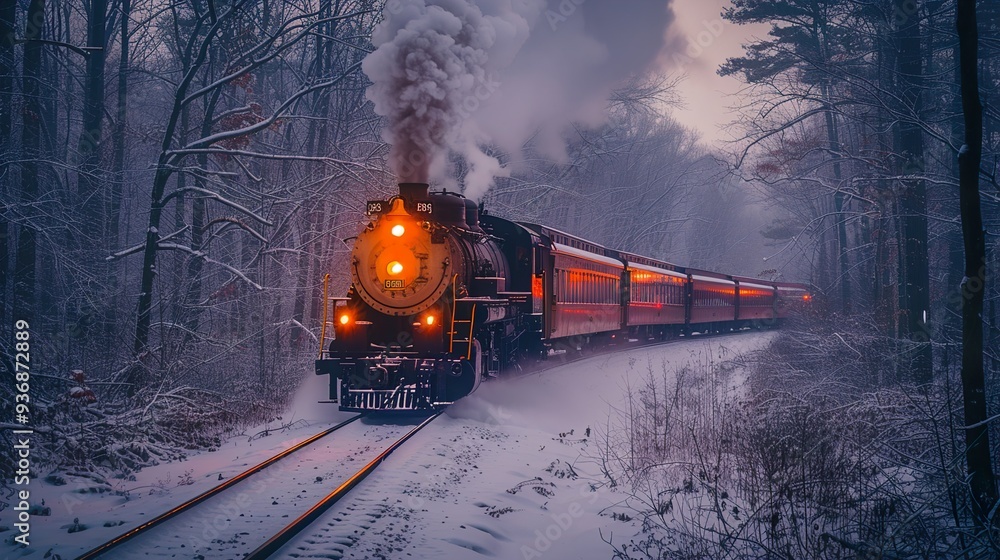 Steam Train Chugging Through Snowy Forest Steam Train Chugging Through Snowy Forest