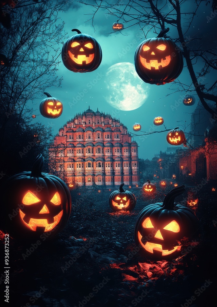 Captivating Full Moon Night with Glowing Jack-o-Lanterns Illuminating Haunted Mansion and Eerie Halloween Atmosphere Captivating Full Moon Night with Glowing Jack-o-Lanterns Illuminating Haunted Mansion and Eerie Halloween Atmosphere