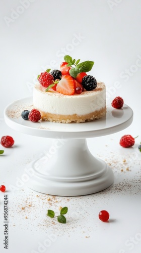 A small cheesecake with a graham cracker crust, topped with fresh berries and a sprig of mint.