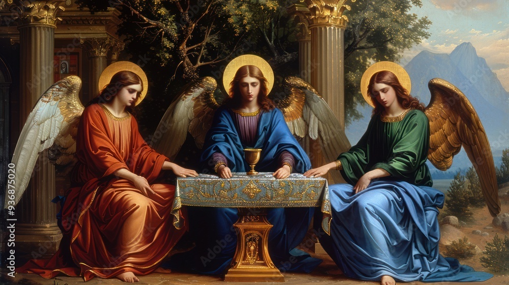 Divine illustration: icon of holy trinity, showing god the father, god the son, and god the holy spirit, symbolizing profound theological concept of triune godhead in a single sacred image. Divine illustration: icon of holy trinity, showing god the father, god the son, and god the holy spirit, symbolizing profound theological concept of triune godhead in a single sacred image.