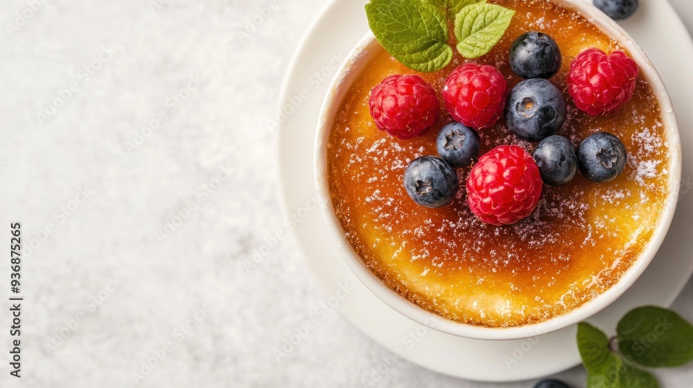 A close-up of a creamy dessert topped with fresh raspberries and blueberries, sprinkled with powdered sugar and a sprig of mint. A close-up of a creamy dessert topped with fresh raspberries and blueberries, sprinkled with powdered sugar and a sprig of mint.